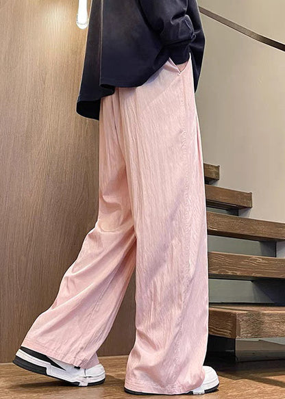 Pink Ice Silk Summer Wide Leg Pants Elastic Waist