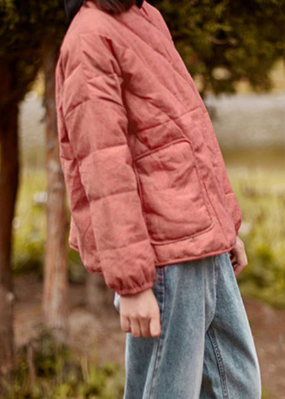 Pink Pockets Cotton Filled Coats V Neck Spring