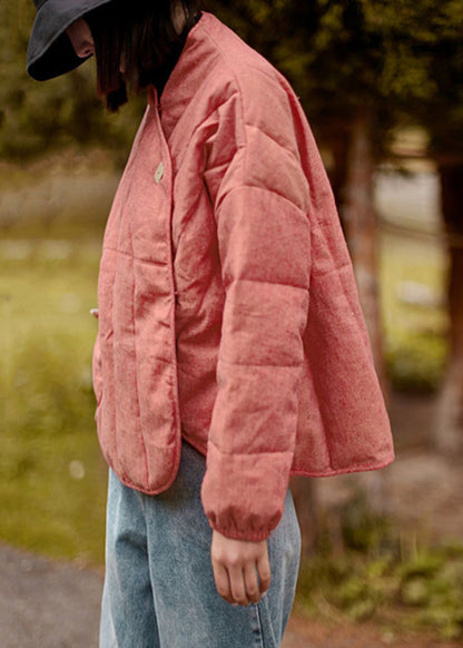 Pink Pockets Cotton Filled Coats V Neck Spring