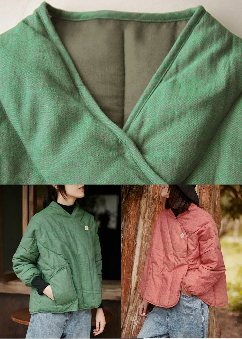 Pink Pockets Cotton Filled Coats V Neck Spring