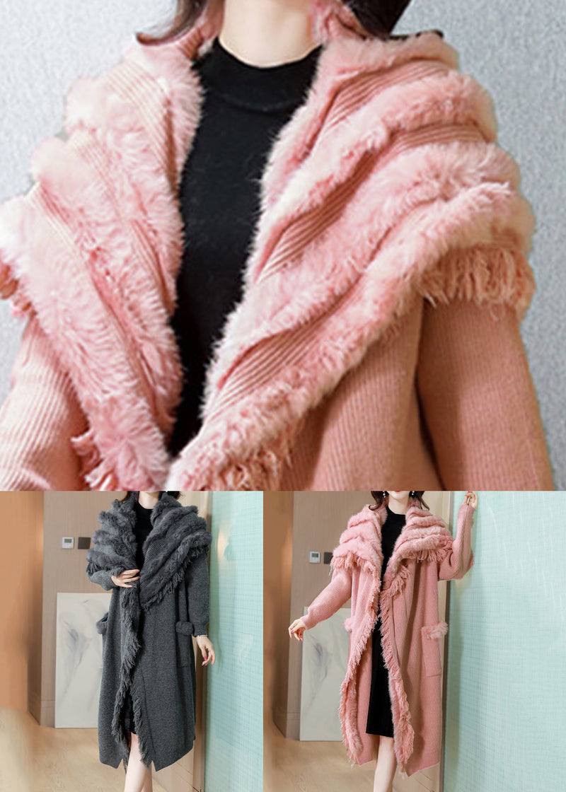Pink Thick Knit Winter Cardigan Fox Collar