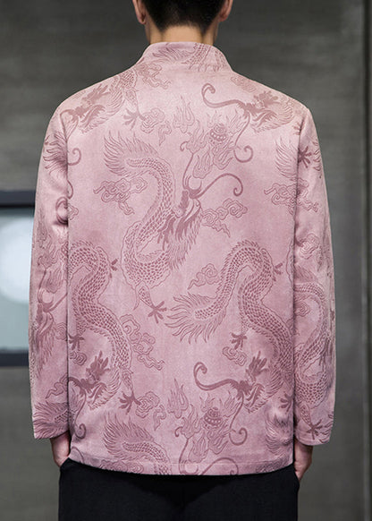 Pink Stand Collar Button Coats Long Sleeve