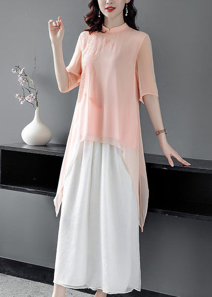 Pink Stand Collar Silk Top and Crop Pants Two Pieces Set Fall