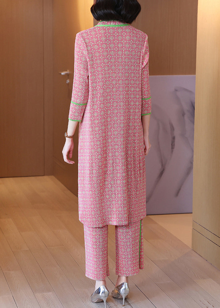 Pink Stand Collar Top and Crop Pants Two Piece Set Fall