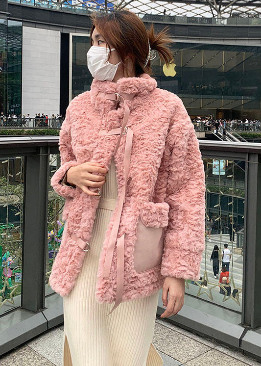 Pink Stand Collar Tie Faux Fur Coat Winter