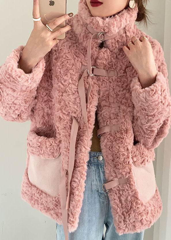 Pink Stand Collar Tie Faux Fur Coat Winter