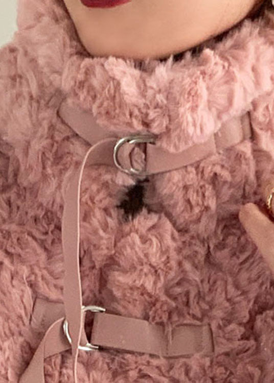 Pink Stand Collar Tie Faux Fur Coat Winter