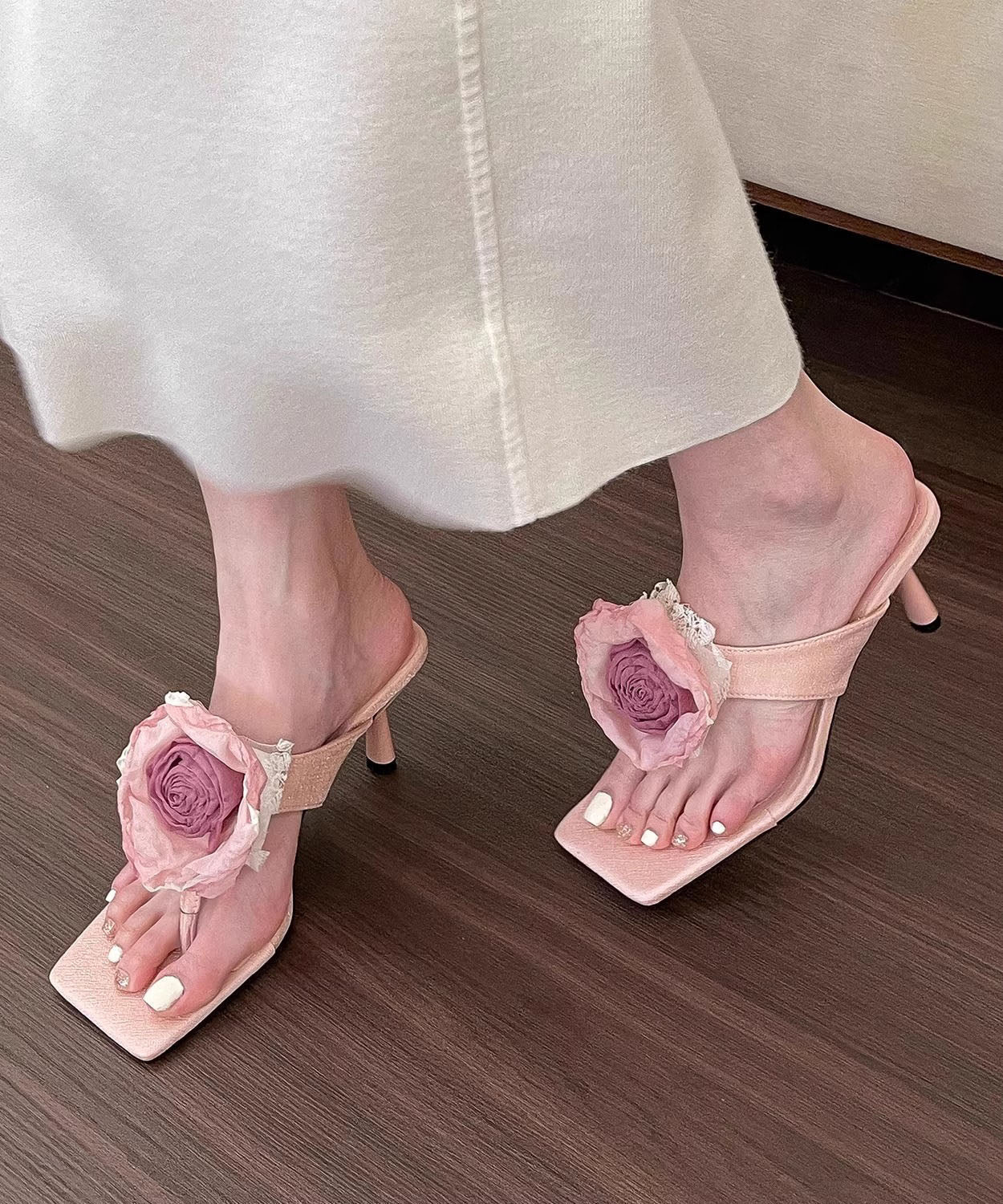 Pink Stiletto Splicing High Heel Flip Flops Peep Toe