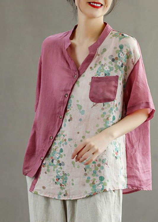 Pink Summer Print Patchwork Ramie Top