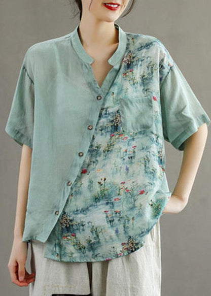 Pink Summer Print Patchwork Ramie Top