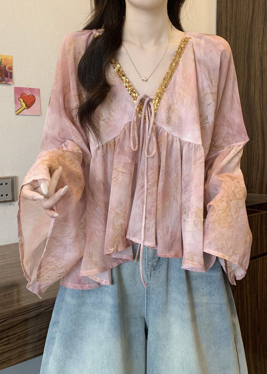 Pink Tie Lace Chiffon Top Flare Sleeve