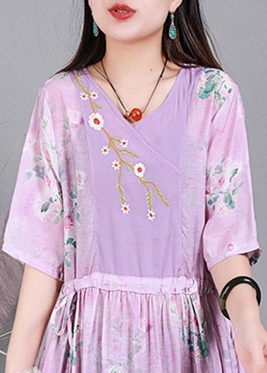 Pink V Neck Embroideried Drawstring Tie Waist Silk Vacation Dresses Short Sleeve
