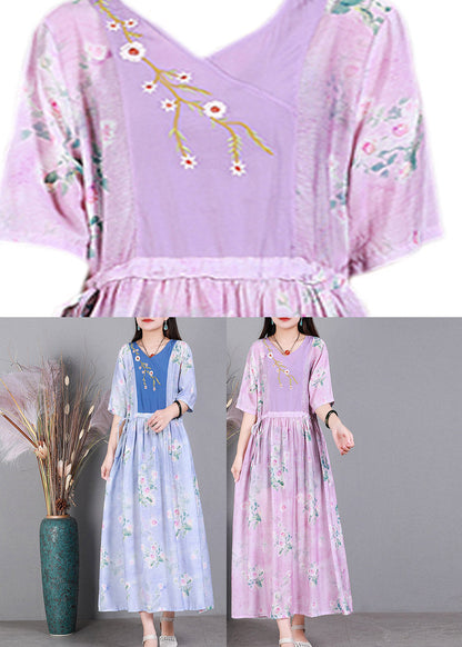 Pink V Neck Embroideried Drawstring Tie Waist Silk Vacation Dresses Short Sleeve