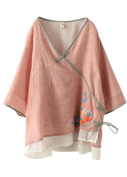 Pink V Neck Embroideried Summer Ramie Half Sleeve Tops