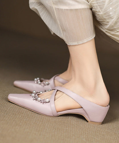Pink Wedge Sheepskin Splicing Slide Sandals Zircon Nail Bead