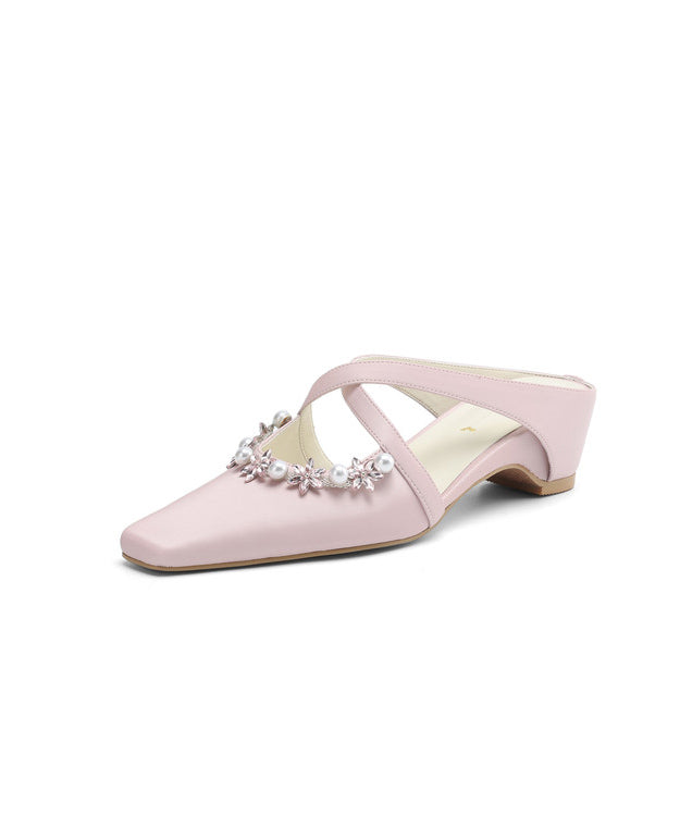 Pink Wedge Sheepskin Splicing Slide Sandals Zircon Nail Bead