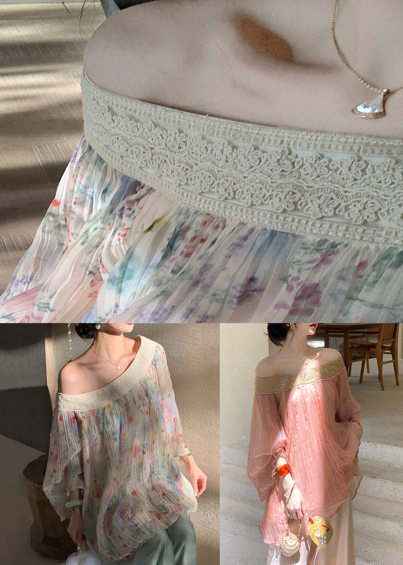 Pink Wrinkled Patchwork Chiffon Fall Shirts Slash Neck