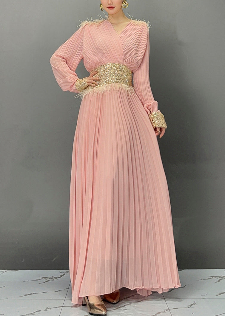 Pink Wrinkled Tunic Holiday Maxi Dress Fall