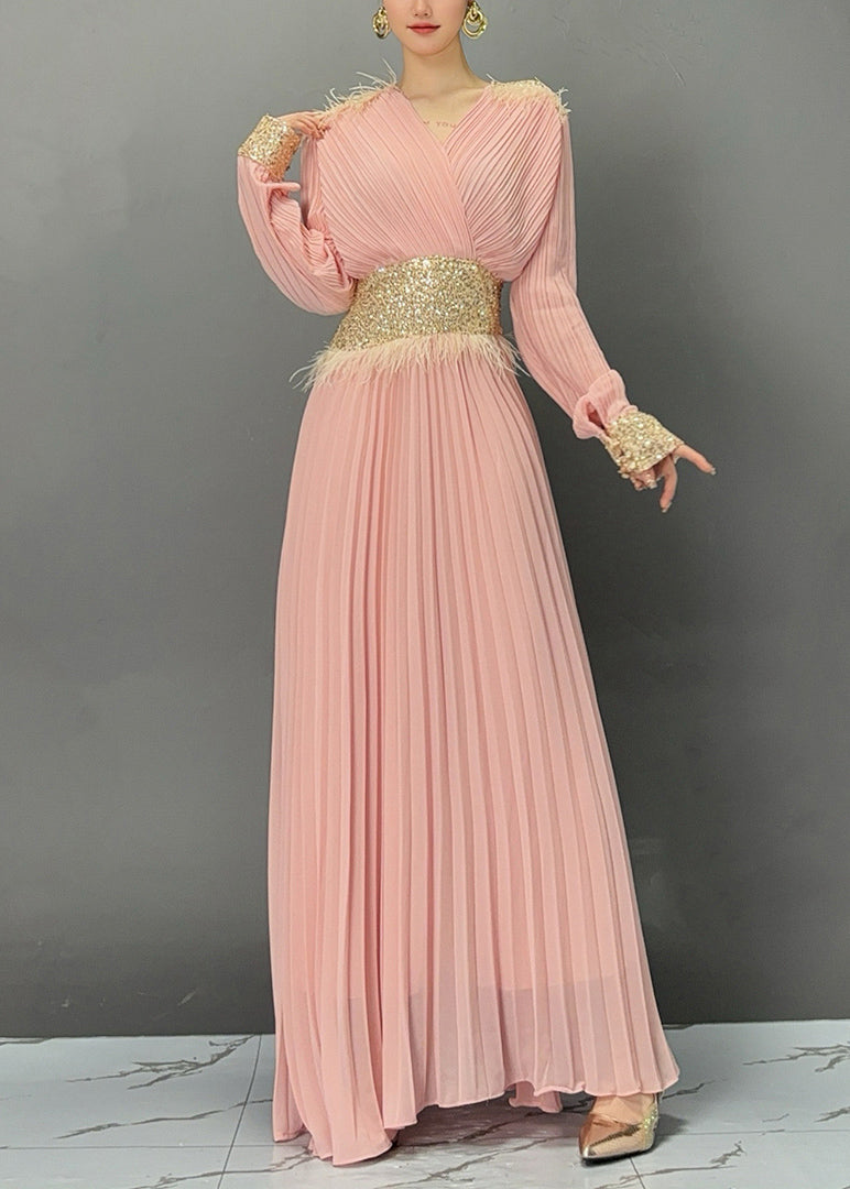 Pink Wrinkled Tunic Holiday Maxi Dress Fall