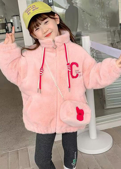 Pink Zip Up Pockets Patchwork Warm Fleece Coats Stand Collar Long Sleeve