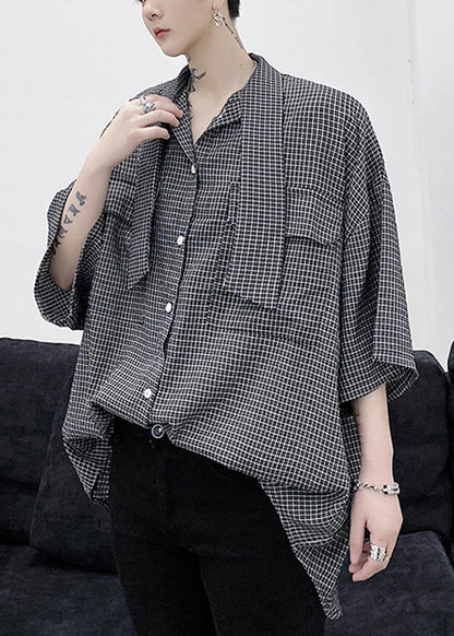 Plaid Button Pockets Cotton Half Sleeve Shirts Bow