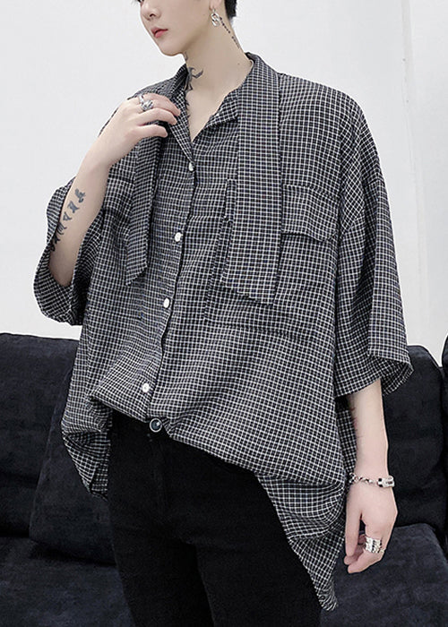 Plaid Button Pockets Cotton Half Sleeve Shirts Bow