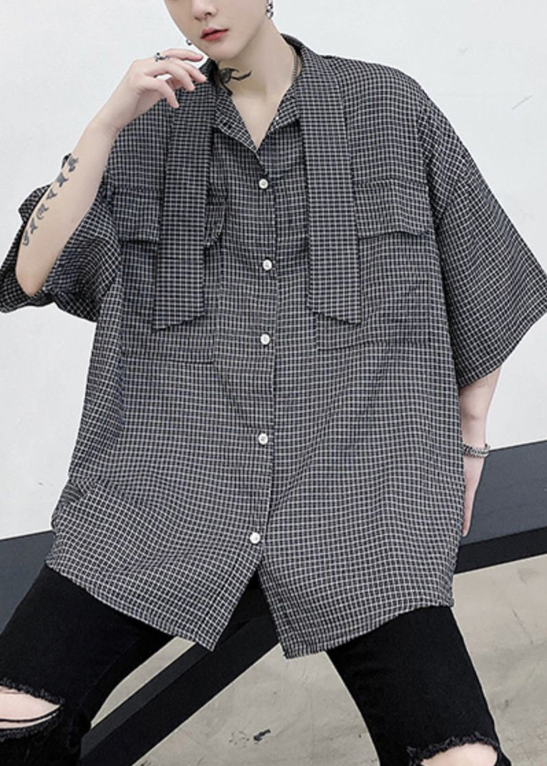 Plaid Button Pockets Cotton Half Sleeve Shirts Bow