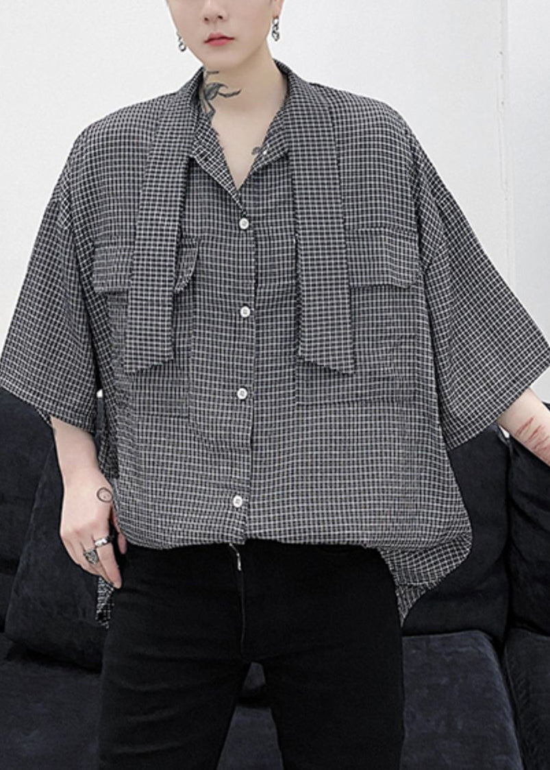 Plaid Button Pockets Cotton Half Sleeve Shirts Bow