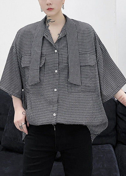 Plaid Button Pockets Cotton Half Sleeve Shirts Bow