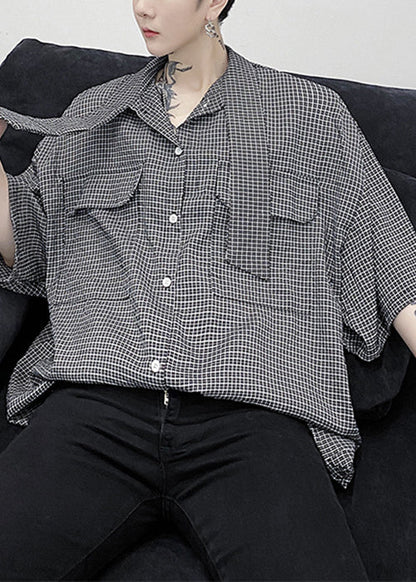Plaid Button Pockets Cotton Half Sleeve Shirts Bow