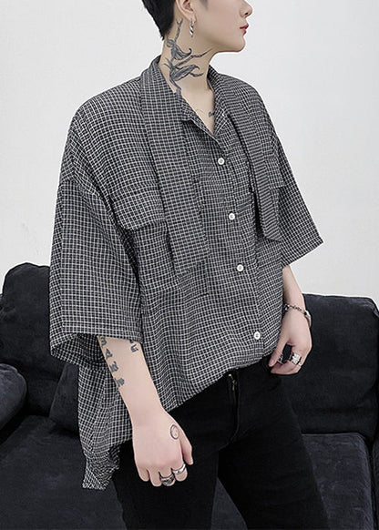 Plaid Button Pockets Cotton Half Sleeve Shirts Bow