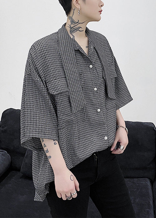 Plaid Button Pockets Cotton Half Sleeve Shirts Bow