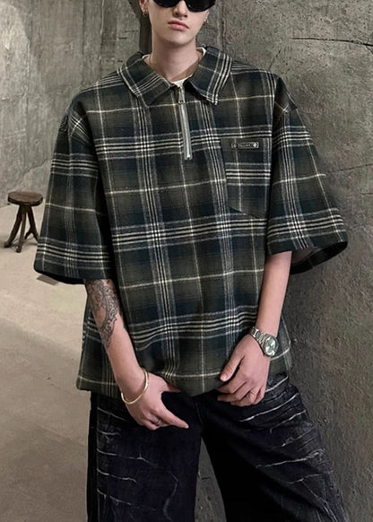 Plaid Green Zippered Cotton Pullover Shirt Half Sleeve