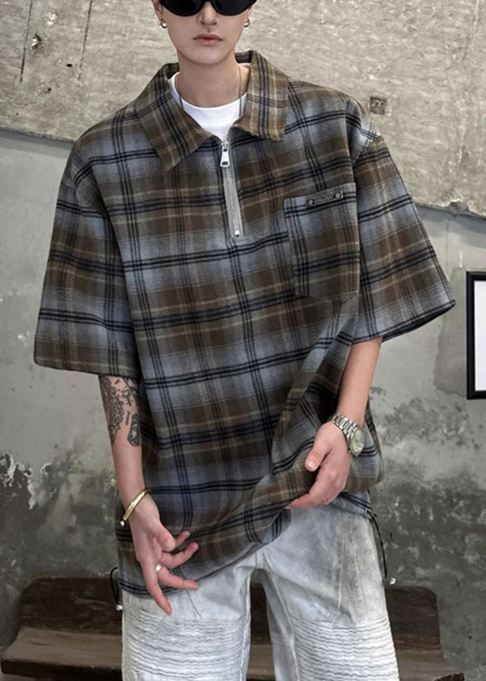 Plaid Green Zippered Cotton Pullover Shirt Half Sleeve