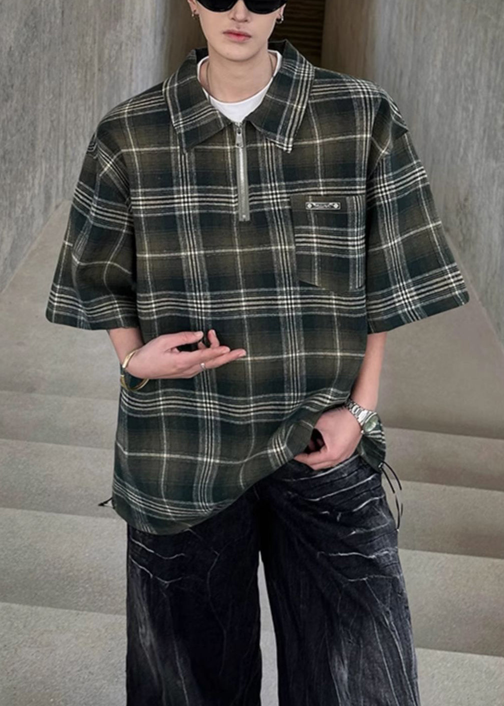 Plaid Green Zippered Cotton Pullover Shirt Half Sleeve