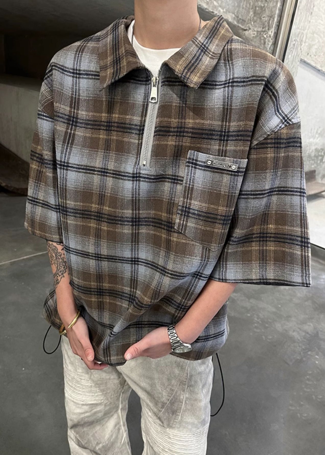 Plaid Green Zippered Cotton Pullover Shirt Half Sleeve