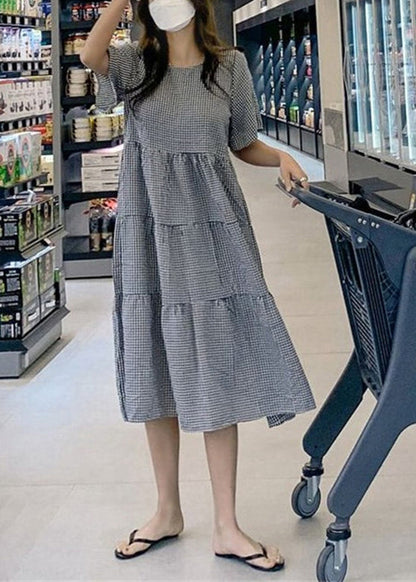 Plaid Knotted Ruffle Round Neck Short Sleeve Maxi Dress