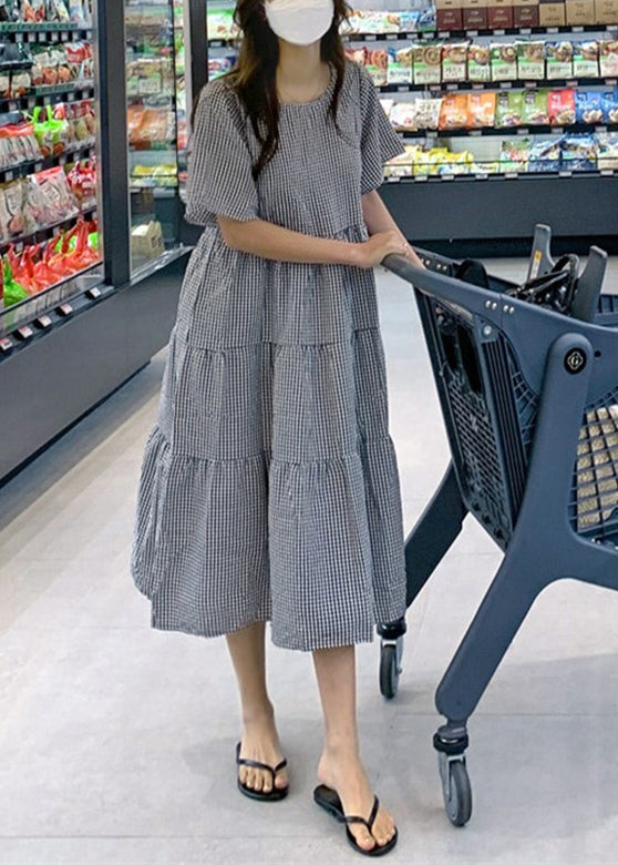 Plaid Knotted Ruffle Round Neck Short Sleeve Maxi Dress