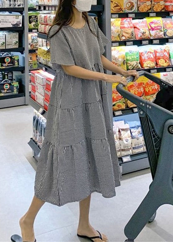 Plaid Knotted Ruffle Round Neck Short Sleeve Maxi Dress