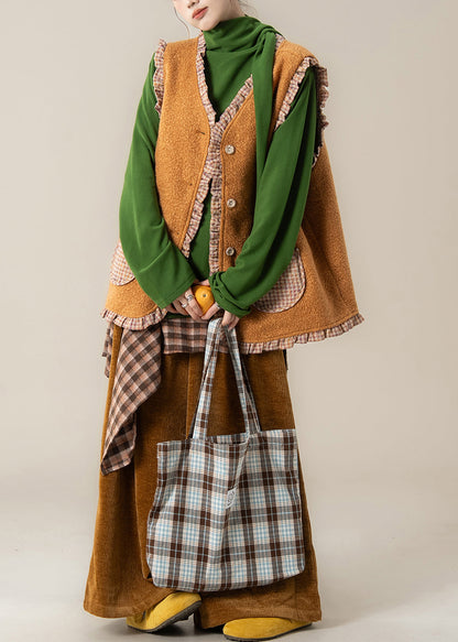 Plaid Orange Ruffled Wear on Both Sides Teddy Waistcoat and Pants Two Pieces Set Spring