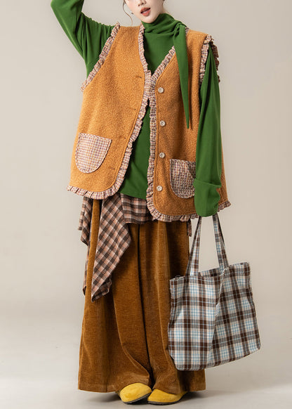 Plaid Orange Ruffled Wear on Both Sides Teddy Waistcoat and Pants Two Pieces Set Spring