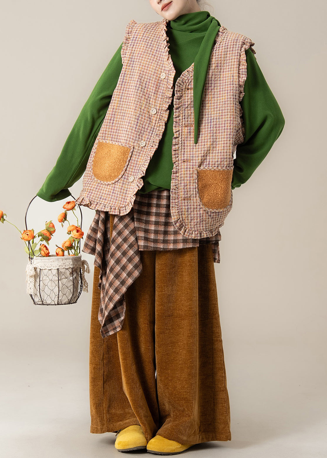 Plaid Orange Ruffled Wear on Both Sides Teddy Waistcoat and Pants Two Pieces Set Spring