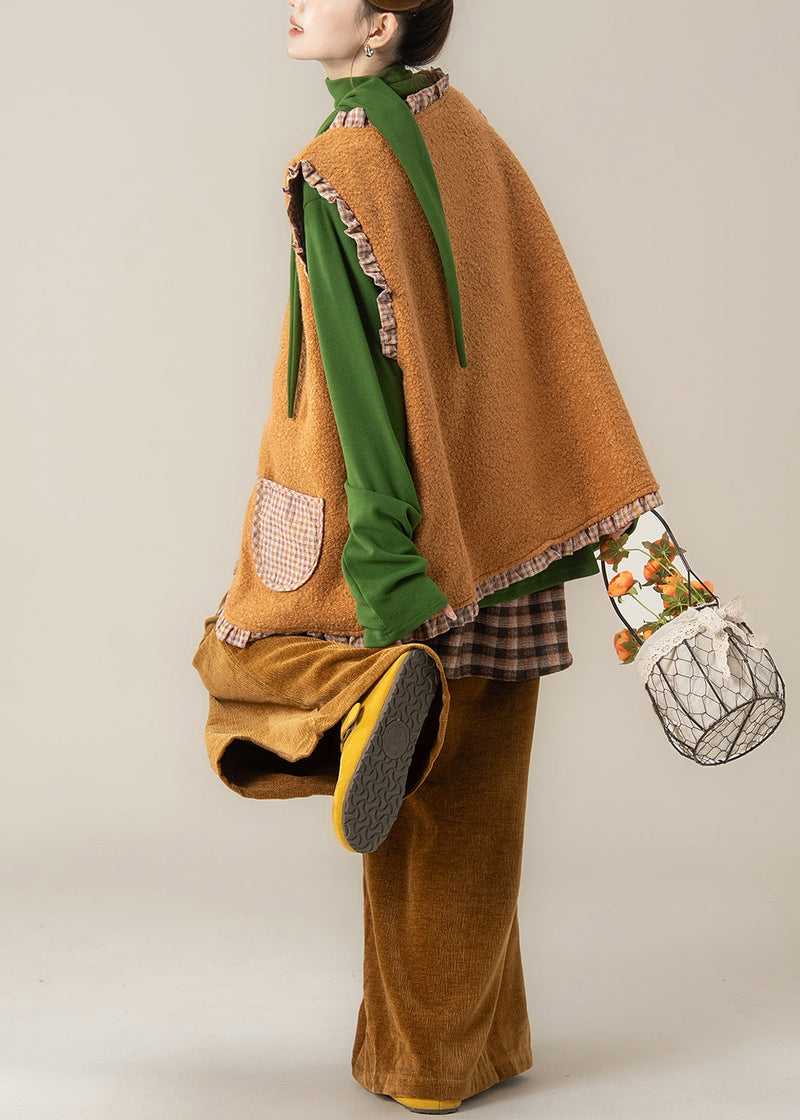 Plaid Orange Ruffled Wear on Both Sides Teddy Waistcoat and Pants Two Pieces Set Spring