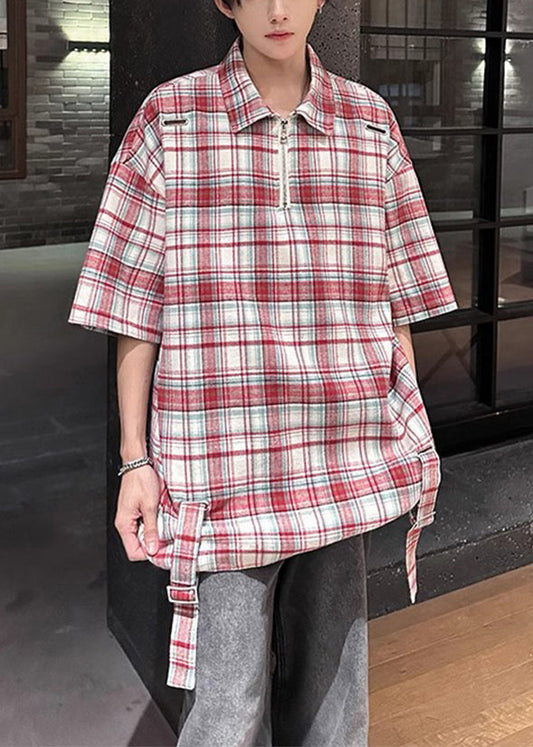 Plaid Red Zip Up Oversized Cotton Shirts Half Sleeve