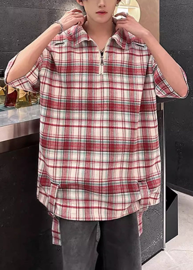 Plaid Red Zip Up Oversized Cotton Shirts Half Sleeve
