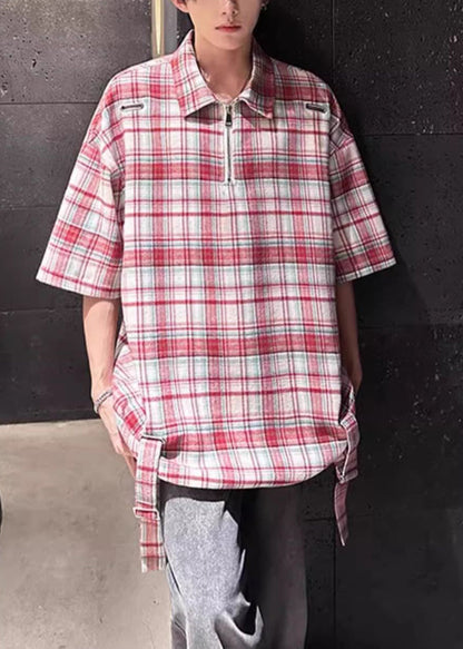 Plaid Red Zip Up Oversized Cotton Shirts Half Sleeve