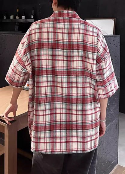 Plaid Red Zip Up Oversized Cotton Shirts Half Sleeve