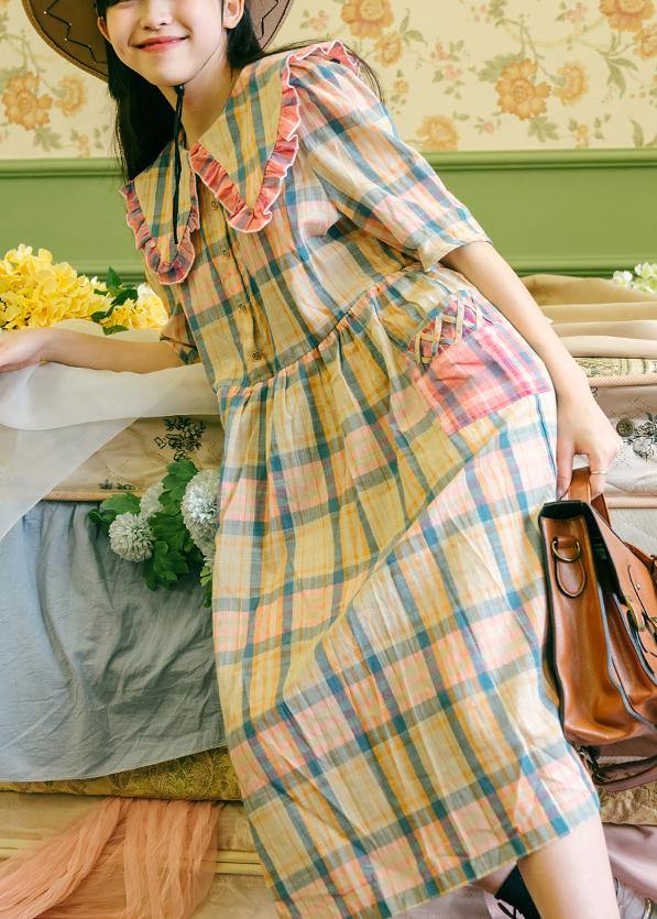 Plaid Ruffled Button Puff Sleeve Summer Cotton Dresses