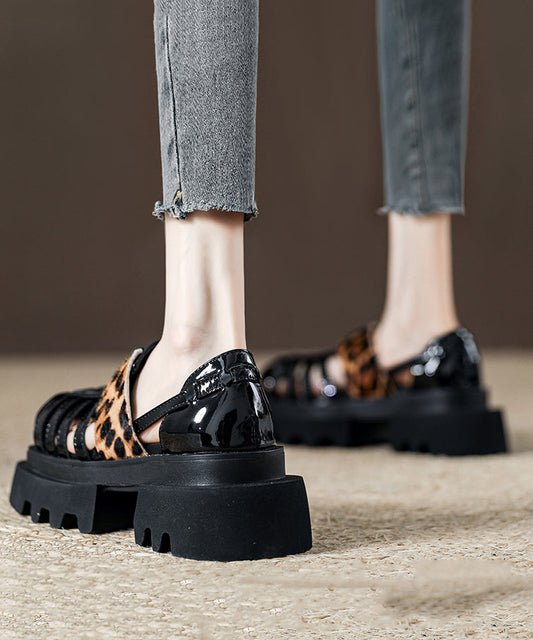 Platform Black Leopard Roman Sandals New Hollow Out Design