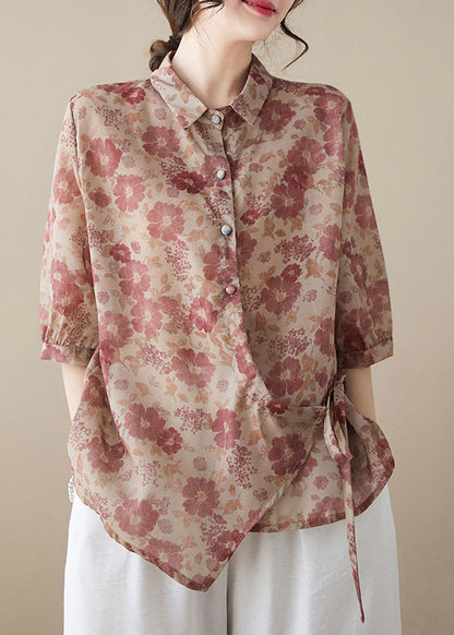 Plum Red Print Patchwork Cotton Top Button Lace Up Summer